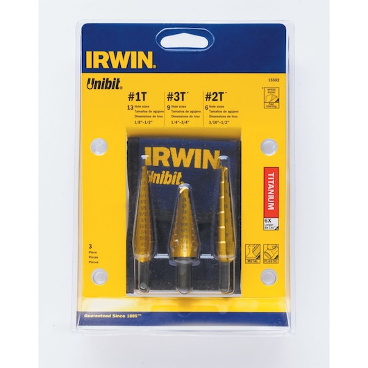 IRWIN Unibit titanium step drill bit set 3-piece with pouch, SKU 15502, front view on white background.