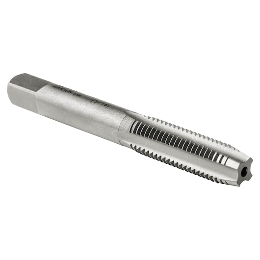 IRWIN 1737 straight flute tap, silver metal, side angle, shows threading tool design.