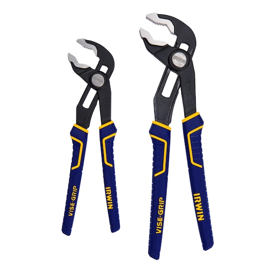 Photo of IRWIN 1763390 wrench pliers set with blue and yellow grips, two sizes shown on white background.