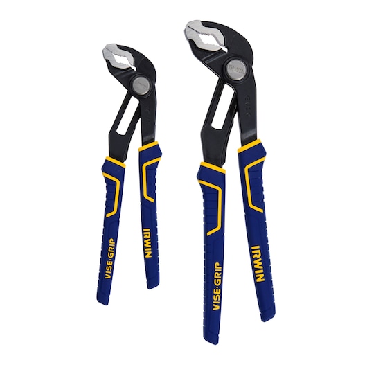 Photo of two IRWIN VISE-GRIP groove joint pliers, model 1763390, with blue and yellow handles, side angle on white.