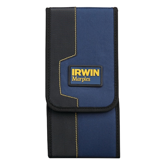 IRWIN Marples 1768781 blue and black fabric tool pouch, front angle on white background.