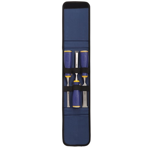 IRWIN chisel set SKU 1768781 in blue roll-up pouch, four blue and yellow chisels, top view, white background.