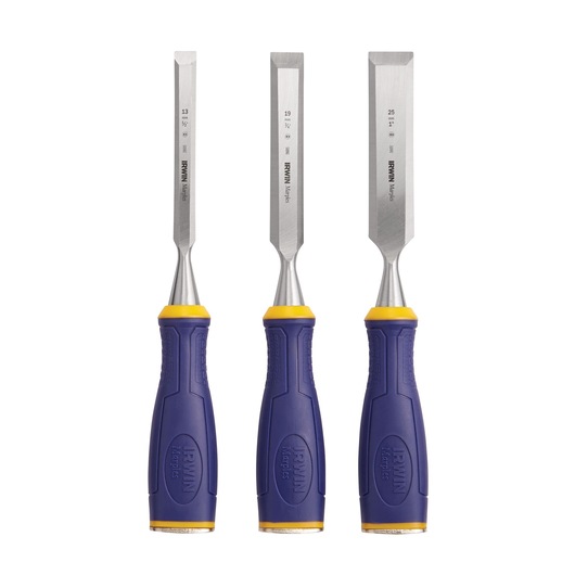 IRWIN 1768781 chisel set with three blue and yellow-handled chisels, front view on white background.