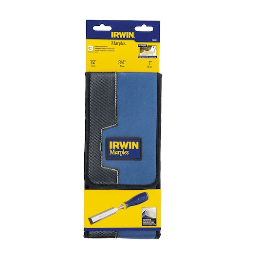IRWIN Marples chisel set 1768781, blue and black pouch, front angle on white background