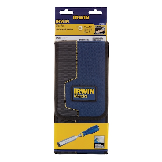 IRWIN chisel set 1768781 in blue and black fabric case, packaging front view.
