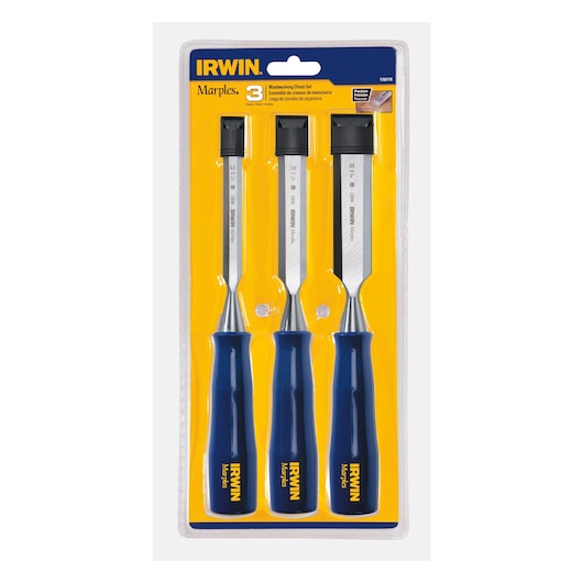 IRWIN Marples 3-piece woodworking chisel set with blue handles, photography of SKU 1769179, front view on white background.