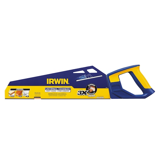 IRWIN 1773465 universal handsaw with blue and yellow handle, side angle, photography.