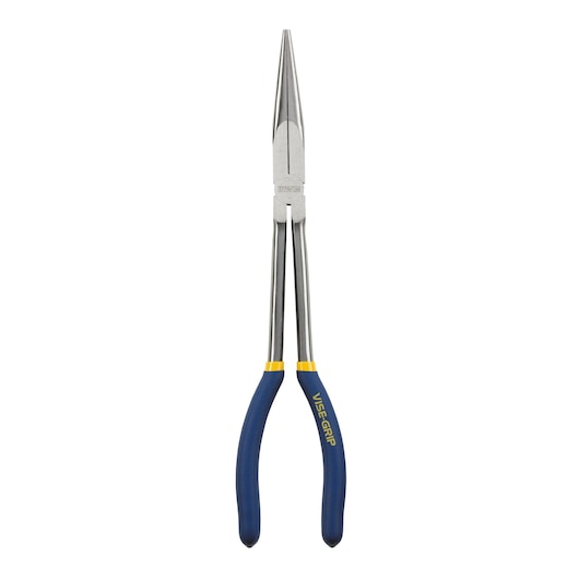 IRWIN 1773584 long nose pliers with blue and yellow grips, front angle on white background.