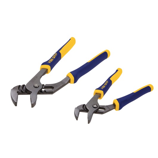IRWIN 1773639 groove joint pliers set with blue and yellow VISE-GRIP handles, side angle, white background.