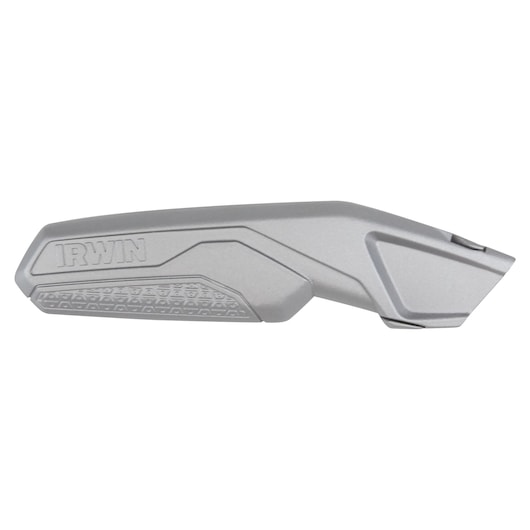 Photo of IRWIN 1774103 silver utility knife with textured grip, right side angle on white background.