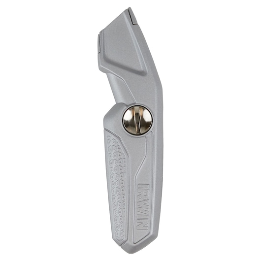Photo of IRWIN 1774103 silver utility knife with textured grip, straight-on view, isolated on white background.