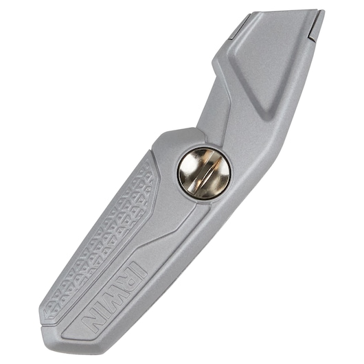 Photo of IRWIN 1774103 silver utility knife with textured grip and visible screw, angled on white background.