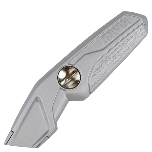 Photo of IRWIN 1774103 utility knife, silver metal body, textured grip, angled view on white background.