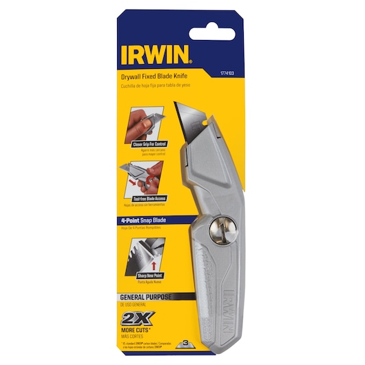 IRWIN 1774103 drywall fixed blade knife in silver, shown in retail packaging, front angle on white background.