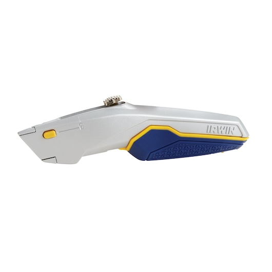 Photo of IRWIN 1774106 utility knife, silver with blue and yellow grip, side view on white background.