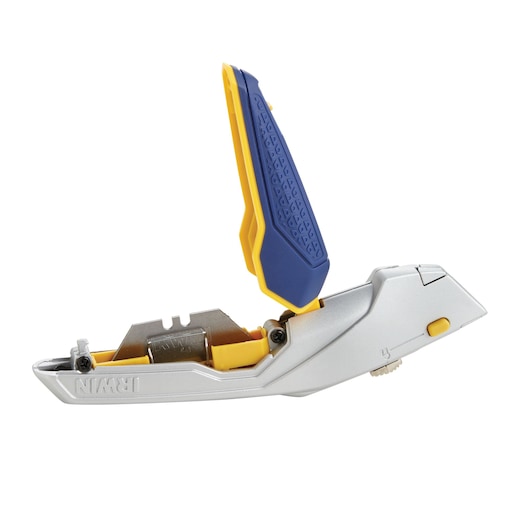 IRWIN 1774106 utility knife with blue and yellow handle open, silver body, side angle on white background.