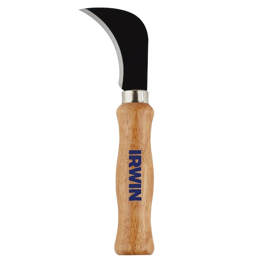 Photo of IRWIN 1774108 curved pruning knife with wooden handle, blade facing left, on white background.