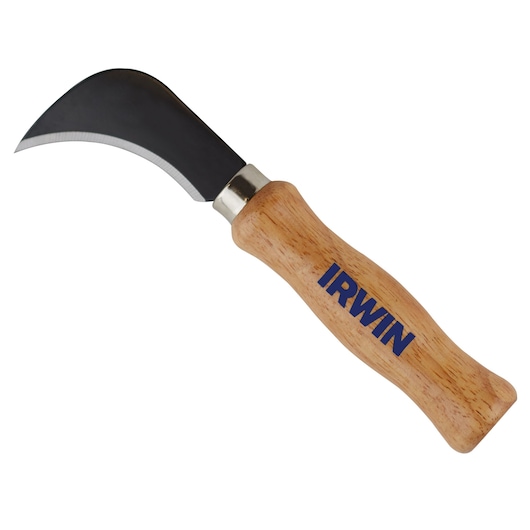 Photo of IRWIN 1774108 curved pruning knife with wooden handle, angled blade, white background.