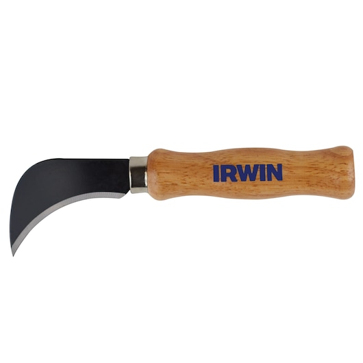 IRWIN pruning knife 1774108 with curved steel blade and wooden handle, side angle on white background.