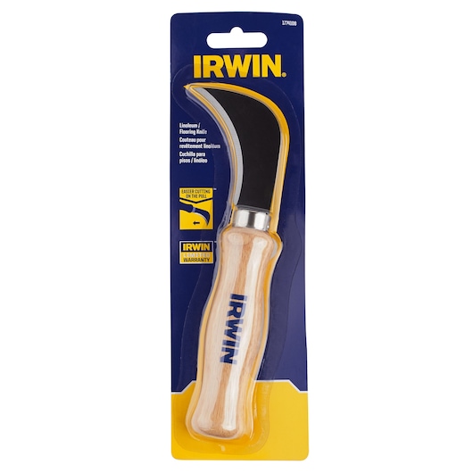 IRWIN 1774108 linoleum and flooring knife with curved black blade and wooden handle, front packaging view.