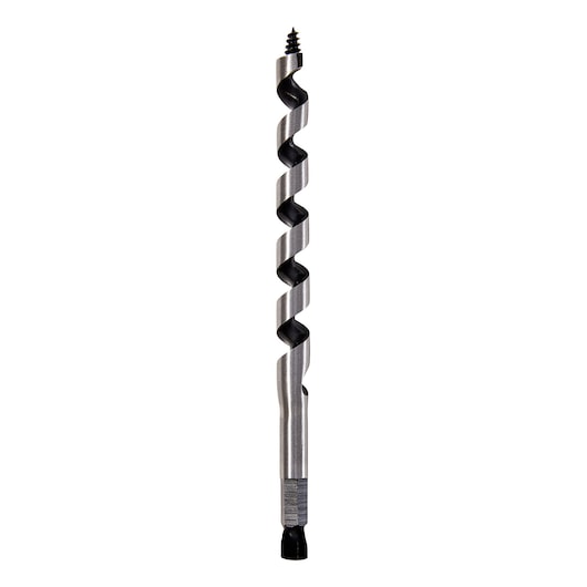 IRWIN 1779137 wood auger drill bit, silver and black, straight angle, photography on white background.
