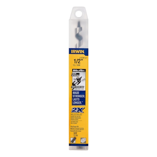 IRWIN 1779137 slip auger bit in sealed plastic packaging, front angle, with yellow and blue branding.