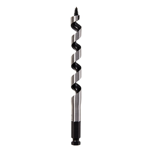 Photo of IRWIN 1779139 auger drill bit, silver and black, front angle, on white background.