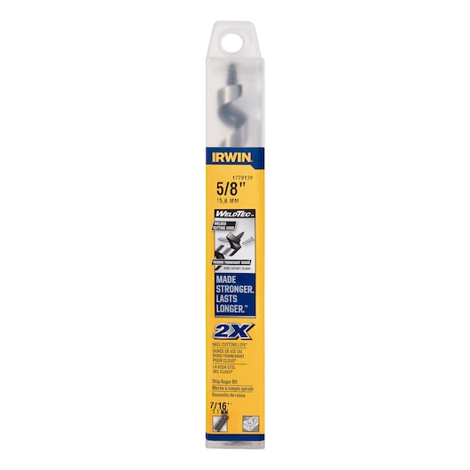 IRWIN 1779139 single spiral auger bit in clear plastic packaging, front angle, yellow and blue label visible.