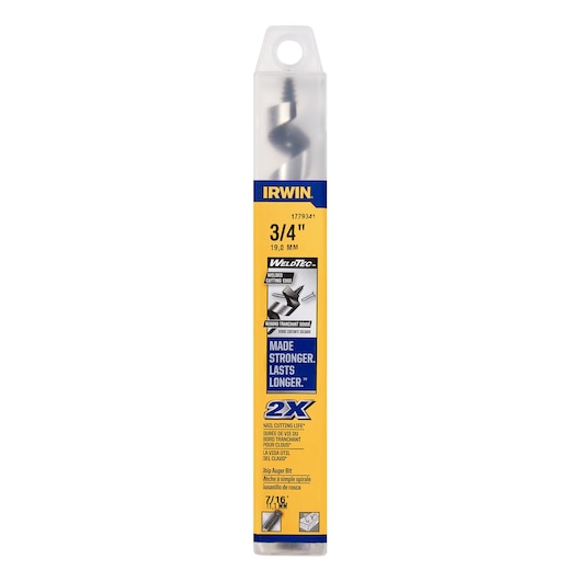 IRWIN 1779341 ship auger bit in clear plastic packaging, yellow and blue label, front angle.