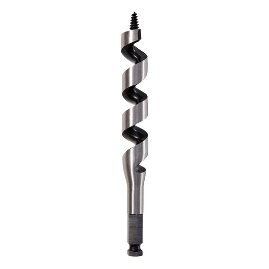 Photo of IRWIN 1779343 auger drill bit, silver and black, shown upright on white background.
