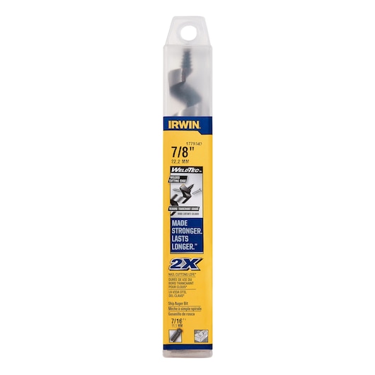 IRWIN 1779343 WeldTec 7/8 inch ship auger bit in yellow and blue plastic packaging, front angle.