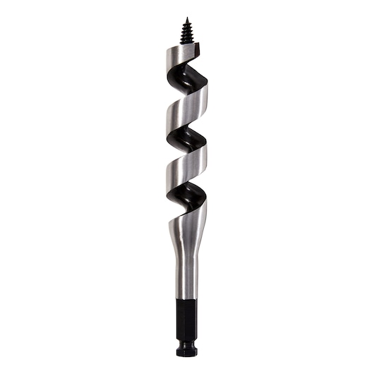 Photo of IRWIN 1779345 auger drill bit with spiral flute and screw tip, shown vertically on white background.