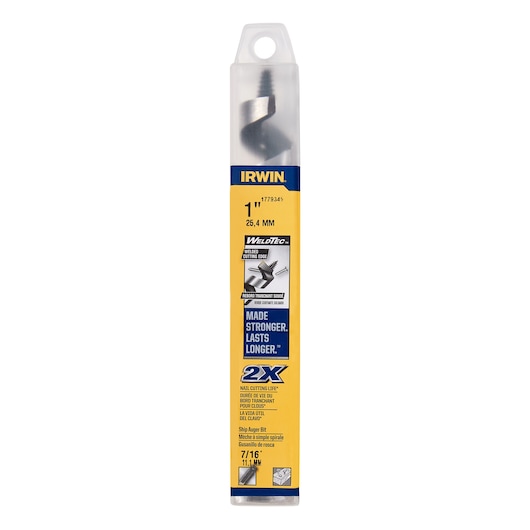 Photo of IRWIN 1779345 ship auger bit in packaging, yellow and blue label, front view on white background.