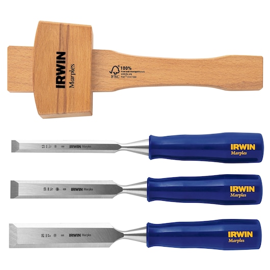 IRWIN 1788114 chisel set with three blue-handled chisels and wooden mallet, top-down view on white background.