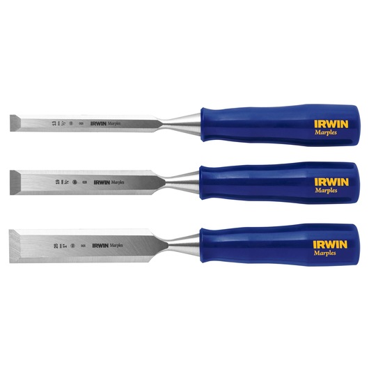 IRWIN 1788114 chisel set, three steel chisels with blue handles, side view on white background.