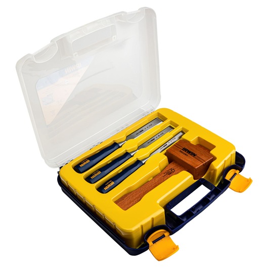 IRWIN 1788114 woodworking chisel and mallet set in yellow plastic case with three chisels and wooden mallet, angled view.