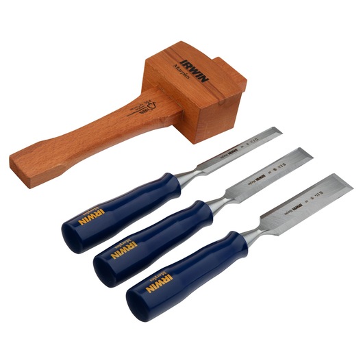 IRWIN 1788114 chisel set with three blue-handled chisels and wooden mallet, photography, angled on white background.