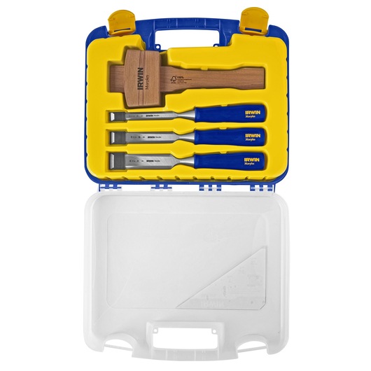 IRWIN chisel and mallet set with blue handles in a yellow and blue hard case, top-down view, 1788114.