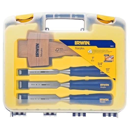 IRWIN Marples woodworking chisel set with wooden mallet in clear plastic case, three chisels with blue handles 1788114.