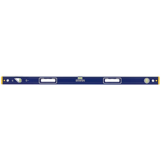 Photo of IRWIN 1794068 blue spirit level with three vials, two handles, front angle, on white background.