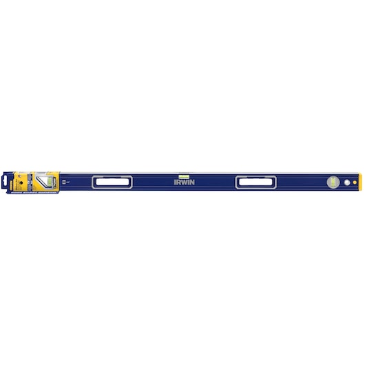 IRWIN blue spirit level with handles, 1794068, side angle, yellow label on left end.