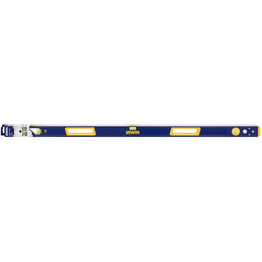 Photo of IRWIN 1794077 blue and yellow box beam level, front angle, with three vials and ergonomic handles.