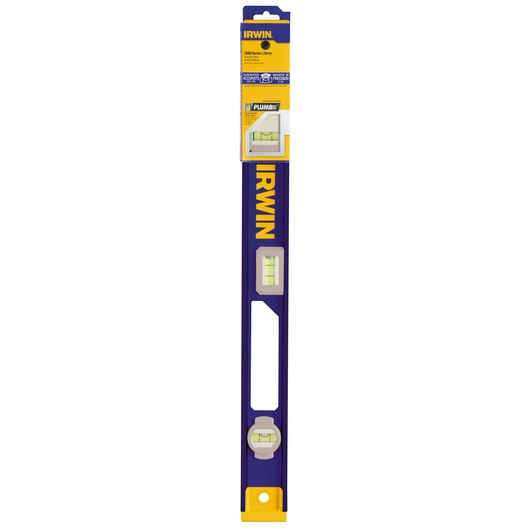 IRWIN 1794105 blue and yellow box beam level shown vertically, with three vials, front angle on white background.
