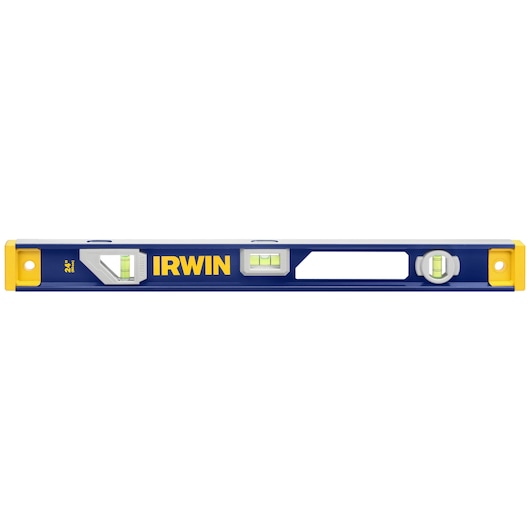 Photo of IRWIN 1794106 blue and yellow box level with three vials, top-down angle, white background.