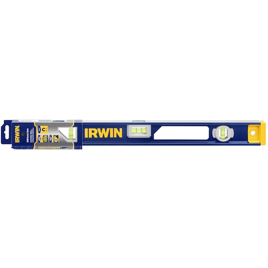 IRWIN blue and yellow spirit level with three bubble vials, SKU 1794106, front angle, white background.