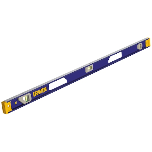 Photo of IRWIN 1794107 blue and yellow spirit level with three bubble vials, side angle on white background.
