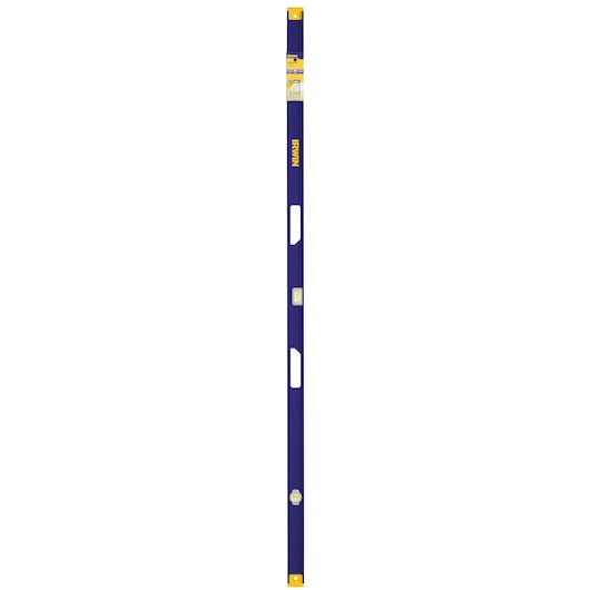IRWIN 1794109 blue and yellow box beam level with three vials, front view on white background.