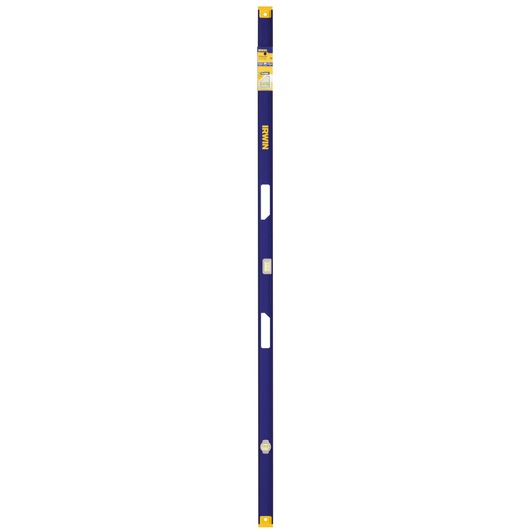 IRWIN 1794110 blue and yellow box level, front angle, with three vials and two hand grips.