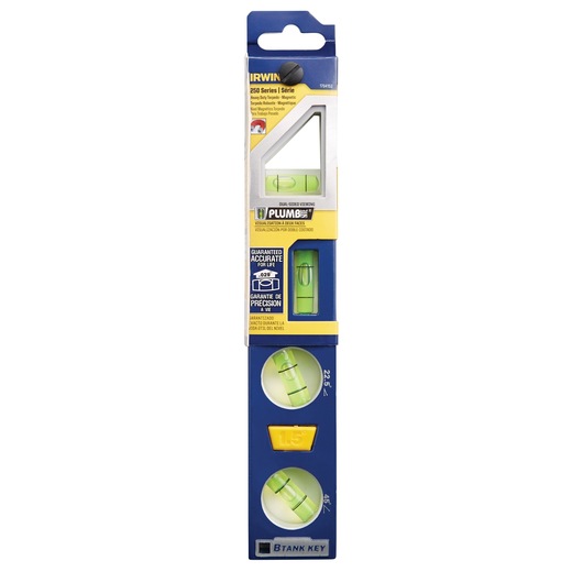 IRWIN 1794153 box level with blue and yellow body, three green bubble vials, and labeled angles, front view.