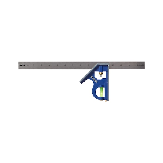 IRWIN 1794471 combination square with blue handle, stainless steel ruler, and integrated level, front angle.